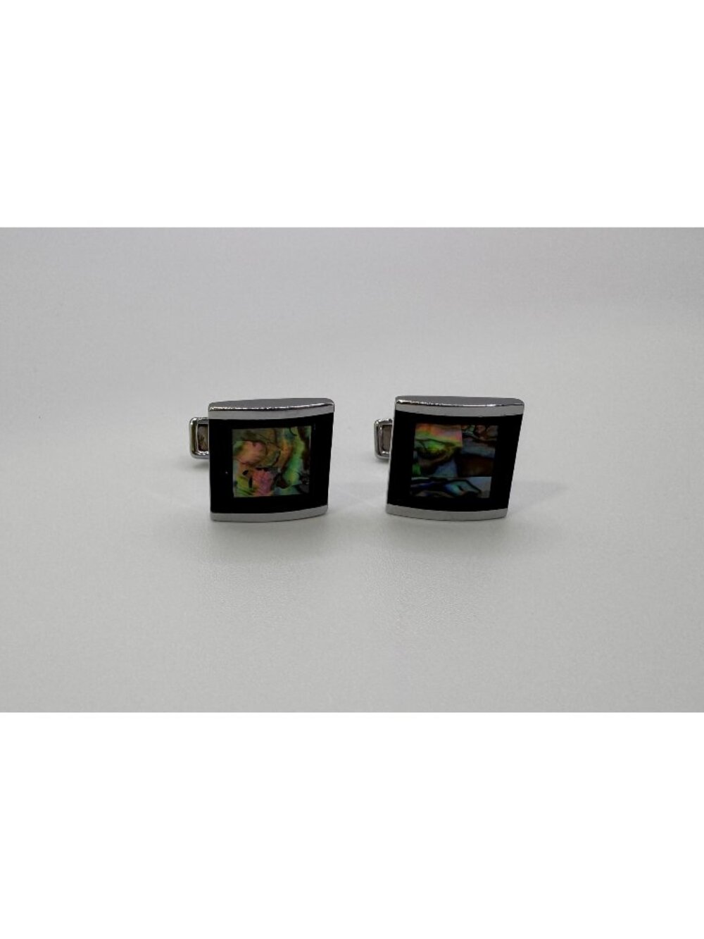 Silver Tone Black Enamel Abalone Inlay Cufflinks Rectangular Modern